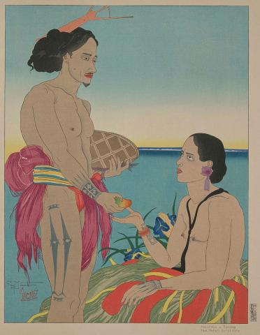 Artwork Amoureux a Tarang. Yap. Quest Carolines this artwork made of Colour woodcut on Japanese paper, created in 1935-01-01