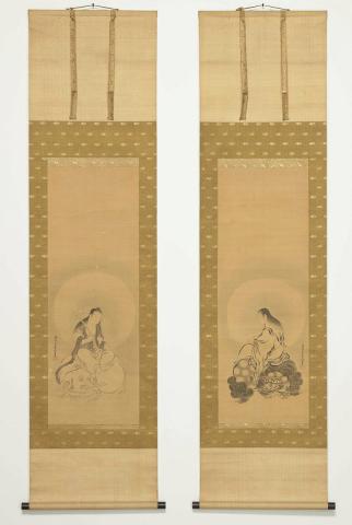 Artwork Fugen bosatsu, Monzyu bosatsu  this artwork made of Pair of hanging scrolls, ink and colour on silk
