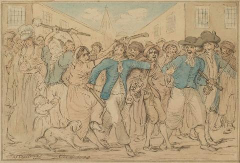 Artwork (Street scene of three men escaping from a fight) this artwork made of Pen, sepia ink and wash on paper, created in 1779-01-01