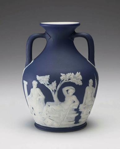 Artwork Copy of the Portland vase this artwork made of Jasper ware porcelain dipped deep blue with an applied figurative scene depicting the myth of the marriage of Peleus and Thetis, created in 1850-01-01