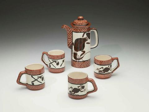 Artwork Coffeepot and four mugs this artwork made of Earthenware, white clay, slip-cast with coloured glazes, created in 1989-01-01