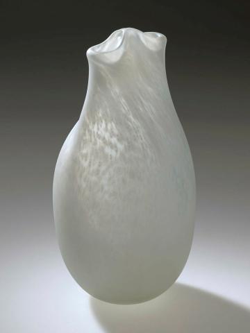 Artwork Twin necked vase this artwork made of Hot-worked glass cased clear over mottled white enamelled soda glass of oviform shape with neck pinched to form two openings.  Matt sandblasted finish, created in 1981-01-01