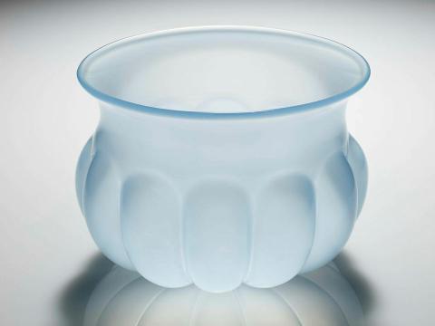 Artwork Bowl this artwork made of Hot-worked opalescent pale blue glass mould blown with ridges in the form of antique Roman glass, created in 1965-01-01