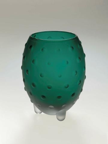 Artwork Vase:  Major this artwork made of Moulded green/blue glass, cased clear and sandblasted, created in 1995-01-01