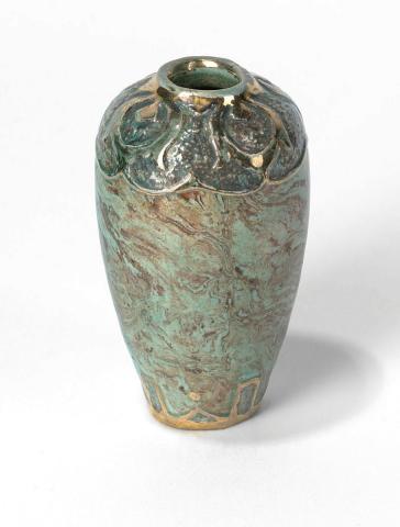 Artwork Vase this artwork made of Earthenware, hand built, two colour clays with carved motifs at shoulder and gold details with green glaze, created in 1920-01-01