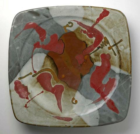 Artwork Platter this artwork made of Stoneware, slabbuilt with iron glaze and poured clear telspathic and copper glazes. Fired in a gas kiln to 1300oc, created in 1965-01-01