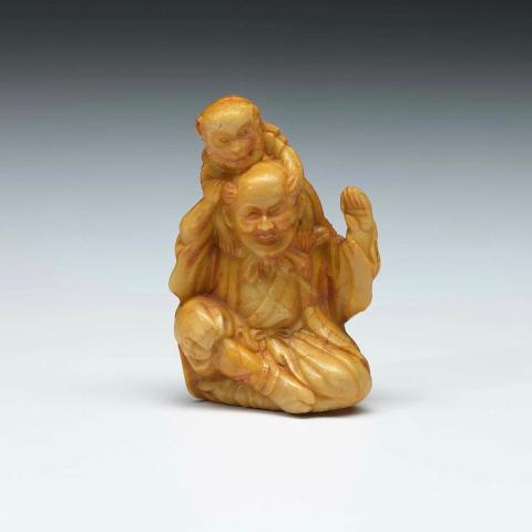 Artwork (Figure of old man and monkey) this artwork made of Ivory, carved and stained ochre, created in 1800-01-01