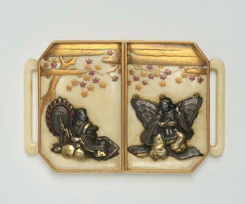Artwork Buckle this artwork made of Ivory carved in two interlocking sections inlaid with metal, created in 1800-01-01