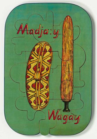 Artwork Madja:y wagay (Rainforest shield and sword) this artwork made of Colour laser copy, varnish and paint on composition board, created in 1991-01-01