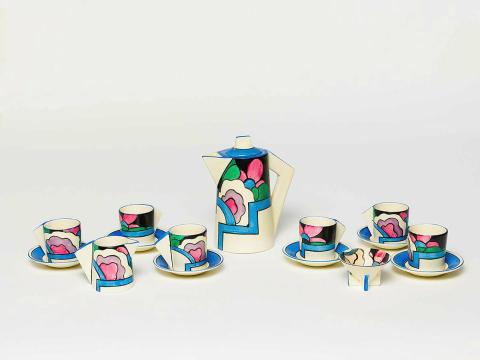 Artwork Latona 'Dahlia' Bizarre ware conical coffee set this artwork made of Earthenware, hand painted on matt white glaze, created in 1930-01-01