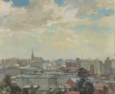 Artwork Brisbane skyline this artwork made of Oil on board