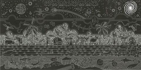 Artwork Lagalgal: The Mysteries of our Land this artwork made of Vinyl-cut on Hahnemule Hellweiss 350gsm alpha-cotton paper printed in black ink from one block