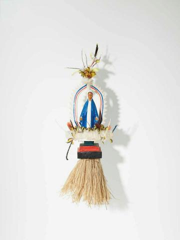 Artwork Mary this artwork made of Tokatokoi, headdress: wood, feathers, plastic Virgin Mary figurine, synthetic polymer paint, grass fibre, created in 2011-01-01