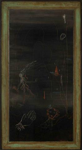 Artwork Fumier a gauche, violettes a droite (Dung on the left, violets on the right) this artwork made of Oil on mahogany panel, created in 1926-01-01