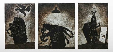 Artwork Night rituals (no. 10 from 'The mirror and other fables' series) this artwork made of Bitumen-based and aluminium-based paints on paper, created in 1984-01-01