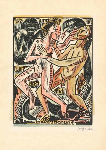Artwork Und führe uns nicht in versuchung (And lead us not into temptation) (from 'Das Vater Unser (The Lord's Prayer)’)  this artwork made of Hand-coloured woodcut on paper, created in 1921-01-01