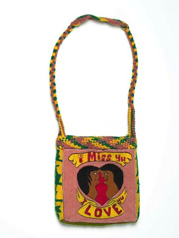 Artwork Miss yu love this artwork made of Bag: cotton and synthetic thread on rice bag with cardboard insert and synthetic lining, created in 2010-01-01