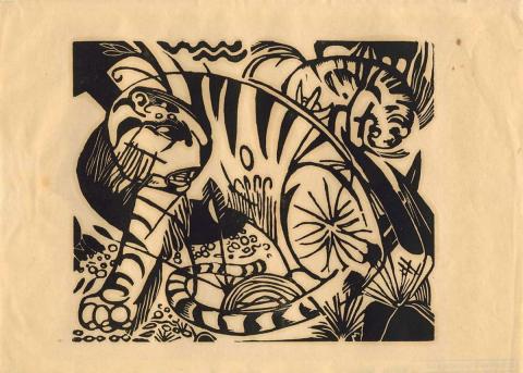 Artwork Tigers this artwork made of Woodcut on pale cream Japanese paper, created in 1912-01-01