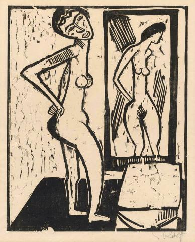 Artwork Mädchen vor dem spiegel (Girl before a mirror) this artwork made of Woodcut on paper, created in 1914-01-01
