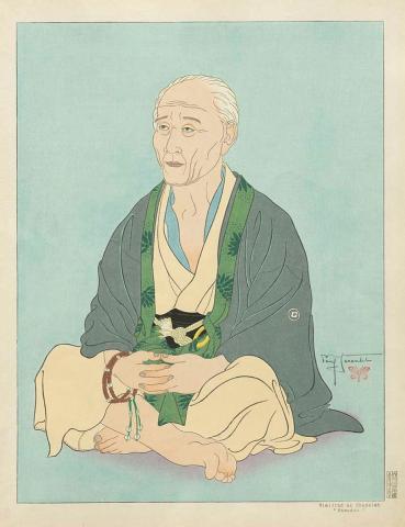 Artwork Vieillard au Chapelet. Kawadzu (Old man with rosary. Kawadzu)  this artwork made of Colour woodblock print on PJ watermarked paper, created in 1940-01-01