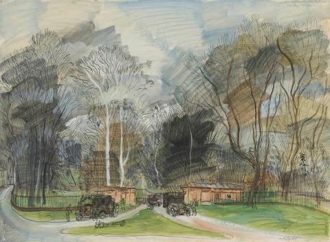 Artwork A group of signallers taking part in a signalling scheme this artwork made of Gouache, pen, brush and ink on cardboard, created in 1940-01-01