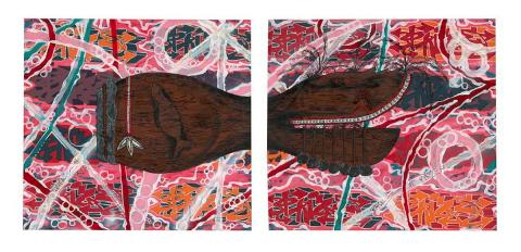 Artwork Amalgamation this artwork made of Synthetic polymer paint and enamel spray paint on screen-printed canvas, created in 1994-01-01