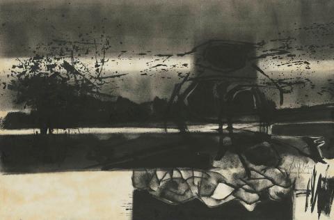 Artwork Outline of nightfall I this artwork made of Brush and ink on wove paper on cardboard, created in 1960-01-01