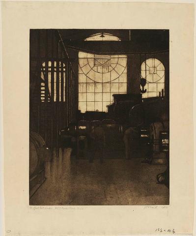 Artwork The Great East Window, M.E.S. Power House this artwork made of Etching and aquatint on cream wove paper, created in 1924-01-01