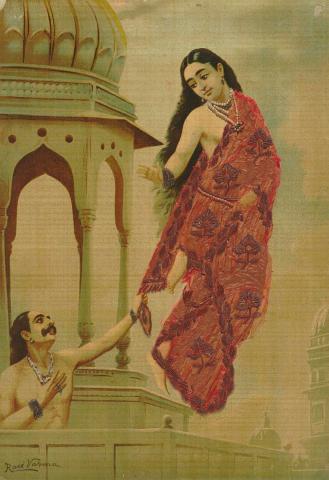 Artwork Urvashi Pururavas this artwork made of Oleograph with Zardosi embroidery, created in 1894-01-01