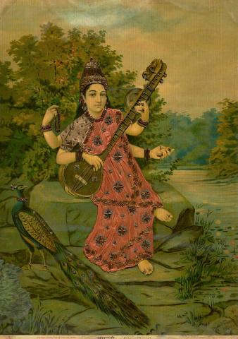 Artwork Sarasvati this artwork made of Oleograph with Zardosi embroidery, created in 1894-01-01