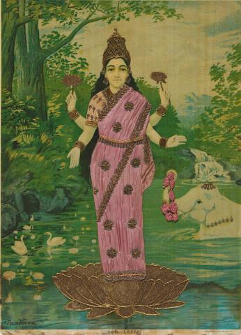 Artwork Laxmi this artwork made of Oleograph with Zardosi embroidery, created in 1894-01-01