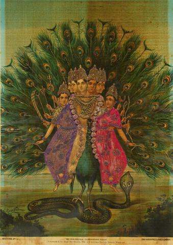 Artwork Sri Shanmukha Subra Mania Swami  this artwork made of Oleograph with Zardosi embroidery, created in 1894-01-01