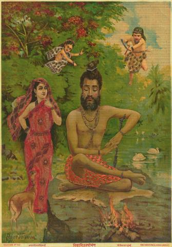 Artwork Vishwamitratopbhang this artwork made of Oleograph with Zardosi embroidery, created in 1894-01-01