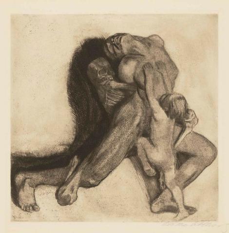 Artwork Tod und Frau (Woman and Death) this artwork made of Line etching, drypoint, emery, vernis mou, roulette on firm wove paper, created in 1910-01-01