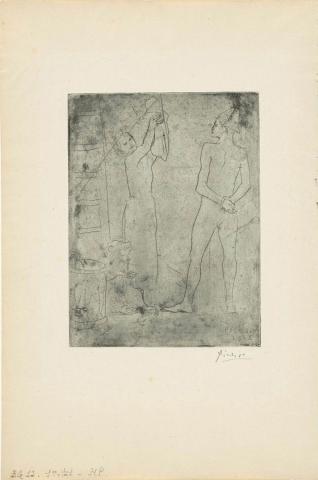 Artwork La famille de saltimbanques au macaque (Family of acrobats with macaque) (from 'La Suite des Saltimbanques' series) this artwork made of Drypoint on Van Gelder paper , created in 1905-01-01
