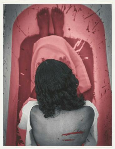 Artwork Bleeding from welts across her body she remembered being picked up by someone on horseback, travelling to a place where ‘there were a lot of coloured people’ and onto Ingham Police Station. ‘I was only small and the lady of the house – I think that was h this artwork made of Photograph on cotton rag, created in 2023-01-01