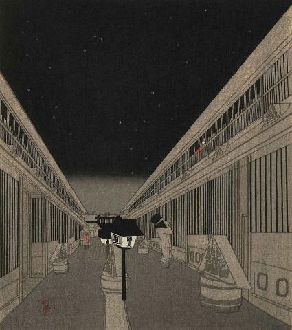 Artwork Corridor of buildings at night this artwork made of Colour woodblock print on paper