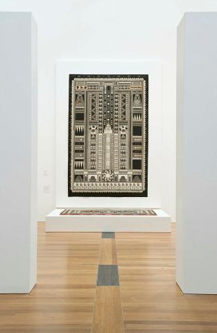 Artwork Teitei vou (A new garden) this artwork made of Natural dyes on barkcloth, woven pandanus, commercial wool, woven barkcloth, sari fabric mats, created in 2009-01-01