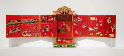 Artwork Untitled (Kaavad shrine) this artwork made of Carved wood with synthetic polymer paint, metal hinges, created in 2015-01-01