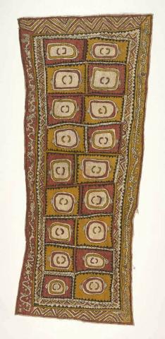 Artwork Asimano’e, ai soru’e (taigu taigu’e, odunaigӧ’e, siha’e/vinohu’e), dahoru’e ohu’o buborianoӧe (Heads of men/ancestors, Ujawé initiation rite body designs (pattern of a leaf), jungle vines, fruit of the Sihe tree/navel tattoo design), Ӧmie mountains and b this artwork made of Natural pigments on hand-beaten paper mulberry nioge (barkcloth), created in 2023-01-01