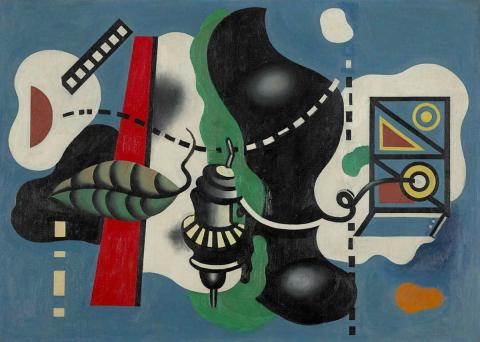 Artwork Composition sur fond bleu (Composition on blue background) this artwork made of Oil on canvas, created in 1930-01-01