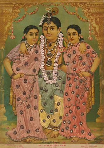 Artwork Shree Radha Rukmani Krishna  this artwork made of Oleograph with Zardosi embroidery, created in 1894-01-01