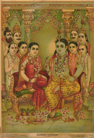 Artwork Rukmani Kalyanam this artwork made of Oleograph with Bindi embellishment, created in 1927-01-01