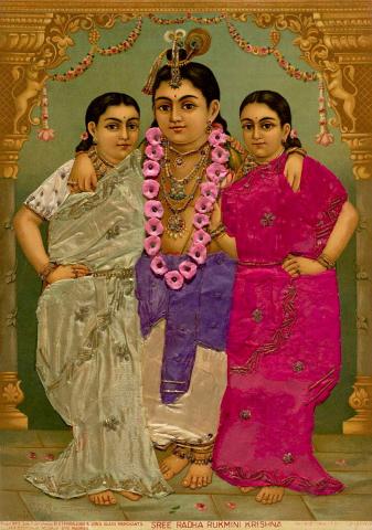 Artwork Sree Radha Rukmini Krishna  this artwork made of Oleograph with Zardosi embroidery, created in 1894-01-01