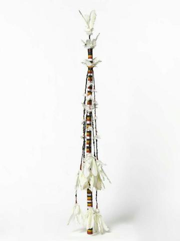 Artwork Banumbirr (Morning Star pole) this artwork made of Wood, human hair, cotton thread, native beeswax, natural pigments, synthetic polymer paint, created in 2001-01-01
