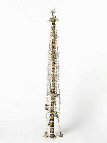 Artwork Banumbirr (Morning Star pole) this artwork made of Wood, bark fibre string, cotton thread, feathers, synthetic polymer paint, natural pigments, created in 2001-01-01