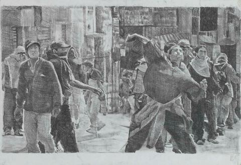 Artwork Untitled (demonstration no. 5) this artwork made of Graphite on painted craft paper in medium density fibreboard frame, created in 2001-01-01