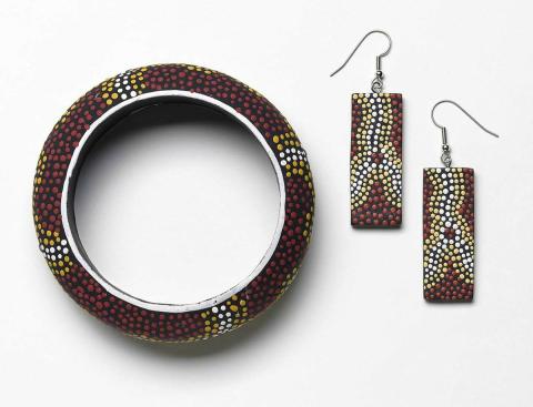 Artwork Ochre bracelet and earring set this artwork made of Synthetic polymer paint on balsa wood, created in 1989-01-01