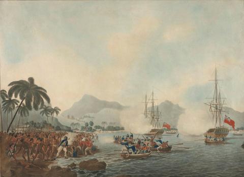 Artwork View of Owyhee, Hawaii with Captain Cook being killed by Natives this artwork made of Aquatint, hand-coloured on wove paper on cardboard, created in 1788-01-01