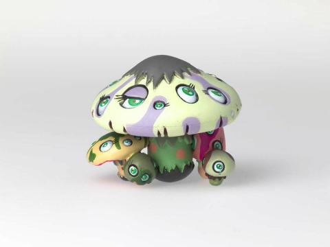 Artwork Mushrooms / Revolutions (from the 'SUPERFLAT MUSEUM' series by Takashi Murakami) this artwork made of Figurine (lacquer paint, PVC plastic, ABS plastic), pink cardboard box, leaflets, created in 2003-01-01
